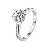 Ayoiow 18Kt White Gold Charm Queen Rings for Womens, 1ct Moissanite Solitaire Ring with Half-Pavé Shank 18 Karat Gold Wedding Band for Her, Size N 1/2