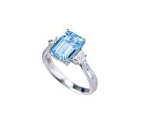 Ayoiow 40Th Anniversary Ring 9K White Gold Rectangle with 2.49ct Created Aquamarine and Moissanite, Vintage Engagement Ring for Women Size R 1/2