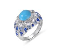 Ayoiow 45Th Anniversary Rings 9K White Gold Leaf and Oval with 3.25ct Created Turquoise and Created Sapphire Moissanite, 50th Wedding Anniversary Rings for Women Size K 1/2