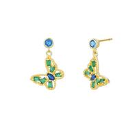 Ayoiow 9K Yellow Gold Butterfly Earrings Studs for Women Green Lab Created Emerald, and Lab Created Sapphire, 9K Yellow Gold Earrings for Women, Butterfly Retro