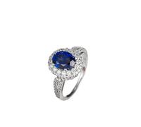 Ayoiow Beautiful Rings for Women Luxury Flower Design 4 Prong Oval Lab Sapphire 2.6ct with Round Moissanite, 18 Karat White Gold Promise Ring for Women Size K 1/2