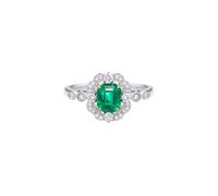 Ayoiow Beautiful Women Rings 18K White Gold 4 Claws Geometric with 1.23ct Created Emerald and Moissanite, 40Th Anniversary Ring for Girlfriend Size R 1/2