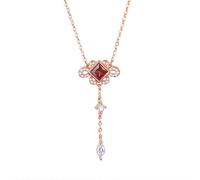 Ayoiow Chinese Knots Pendant Necklace for Women, 9K Rose Gold Necklace with Lab Created Ruby and Moissanite, Rolo Gold Chain Link Chain for Her 40+5cm