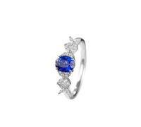 Ayoiow Forever Love Rings for Women 14K White Gold Simple Flower 4 Prong Oval Lab Sapphire 0.7ct with Round Moissanite, Wedding and Engagement Rings for Women Size U 1/2
