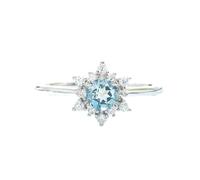 Ayoiow Snowflake Cluster 9K Ring for Women with 0.4ct Aquamarine and Diamond, Promise Ring for Her Real, 9K White Gold | Size H 1/2