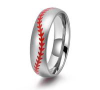 Ayoiow Stainless Steel Promise Ring for Your Boyfriend Silver Satin-A, Wedding Band for Her And Him Sport Stitch Red Pattern| 6 mm Size N 1/2