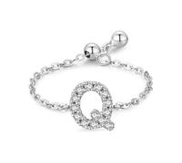 Ayoiow Wedding Rings for The Bride 925 Sterling Silver with Cubic Zirconia, Silver-Q Adjustable Chain Ring with English Letter Q Cubic Zirconia Rings for Women with Anniversary Band,