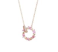 Ayoiow Wheat Shape 2Circles Pendant Necklace for Women, 14K Rose Gold Chain with Lab Created Pink Sapphire and Moissanite, Elongated-Cable Girlfriend Necklaces for Her 40+5cm