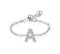 Ayoiow Women's Promise Ring Silver 925 with Cubic Zirconia, Silver-A Adjustable Chain Ring with English Letter A Cubic Zirconia Ring Anniversary for Her, Suitable for Anniversary