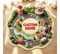 Ayorior Personalized Fire Engine Truck Road Themed Decorative Carpet Car Rug Road Map Non-Slip, Custom Name Fire Station Firehouse Track Area Rugs Playmat Play Mat Rug for Living Room, Bedroom