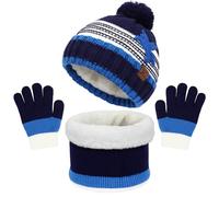AYPOW 3pcs Kids Winter Warm Beanie Hat Scarf Gloves Set 4-8 Years, Thicken Fleece Lined Thermal Knitted Winter Accessories Sets for Kids Children Boys Girls, Beanie Cap with Pom Neck Warmer Mittens