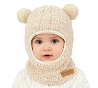 AYPOW Baby kids Winter Hat Warm Hat Scarf Set Earflap, Windproof Soft Knit Balaclava Toddler Boys Girls Multifunctional Hood Beanie Hats Cute Bear Pom Pom Neck Warmer Snood for Outdoor Activities