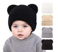 AYPOW Baby Winter Beanie Hat with Cute Bear Ear, Warm Soft Elastic Knitted Skull Cap for Toddler Boys Girls Unisex, 0-36 Months Infants Earflap Cosy Caps for Outdoor Activities Black