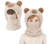 AYPOW Kids Balaclava Thermal Winter Hat 4-12 Years, Windproof Knit Warm Hood Hat Face Cover Ski Mask Neck Warmer with Fleece Lining Snood Hats Scarf Set for Boys Girls Outdoor Sports Cycling Beige