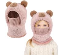 AYPOW Kids Balaclava Thermal Winter Hat 4-12 Years, Windproof Knit Warm Hood Hat Face Cover Ski Mask Neck Warmer with Fleece Lining Snood Hats Scarf Set for Boys Girls Outdoor Sports Cycling Pink
