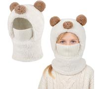 AYPOW Kids Balaclava Thermal Winter Hat 4-12 Years, Windproof Knit Warm Hood Hat Face Cover Ski Mask Neck Warmer with Fleece Lining Snood Hats Scarf Set for Boys Girls Outdoor Sports Cycling White