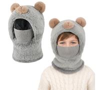 AYPOW Kids Balaclava Thermal Winter Hat 4-12 Years, Windproof Knit Warm Hood Hat Face Cover Ski Mask Neck Warmer with Fleece Lining Snood Hats Scarf Set for Boys Girls Outdoor Sports Cycling Grey