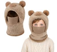 AYPOW Kids Balaclava Thermal Winter Hat 4-12 Years, Windproof Knit Warm Hood Hat Face Cover Ski Mask Neck Warmer with Fleece Lining Snood Hats Scarf Set for Boys Girls Outdoor Sports Cycling Khaki