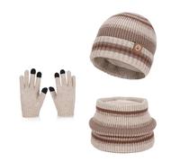 AYPOW Kids Winter Hat Scarf Touch Screen Gloves Set, Warm Fleece-Lined Knitted Beanie Hat with Neck Warmer & Mittens, Winter Accessories Sets for Age 3-8 Boys Girls Children Outdoor Activities Beige