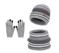 AYPOW Kids Winter Hat Scarf Touch Screen Gloves Set, Warm Fleece-Lined Knitted Beanie Hat with Neck Warmer & Mittens, Winter Accessories Sets for Age 3-8 Boys Girls Children Outdoor Activities Grey