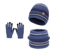 AYPOW Kids Winter Hat Scarf Touch Screen Gloves Set, Warm Fleece-Lined Knitted Beanie Hat with Neck Warmer & Mittens, Winter Accessories Sets for Age 3-8 Boys Girls Children Outdoor Activities Blue