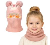 AYPOW Kids Winter Thermal Balaclava for 4-8 Years,Multifunction Warm Windproof Knitted Cute Pompom Hat Scarf Set for Girls Boys,Fleece Lined Caps Snood Hood Neck Warmer for Outdoor Sports Cycling Ski