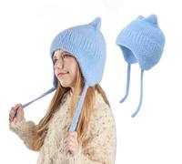 AYPOW Kids Winter Warm Ear Flaps Knitted Beanie Hats, Cute Cat Ear Soft Windproof Elastic Headwear, Skin-Friendly Outdoor Skull Cap for 3-12 Years Boys Girls Blue