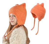 AYPOW Kids Winter Warm Ear Flaps Knitted Beanie Hats, Cute Cat Ear Soft Windproof Elastic Headwear, Skin-Friendly Outdoor Skull Cap for 3-12 Years Boys Girls Orange