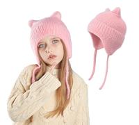 AYPOW Kids Winter Warm Ear Flaps Knitted Beanie Hats, Cute Cat Ear Soft Windproof Elastic Headwear, Skin-Friendly Outdoor Skull Cap for 3-12 Years Boys Girls Pink