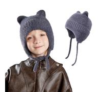 AYPOW Kids Winter Warm Ear Flaps Knitted Beanie Hats, Cute Cat Ear Soft Windproof Elastic Headwear, Skin-Friendly Outdoor Skull Cap for 3-12 Years Boys Girls Grey