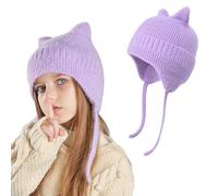 AYPOW Kids Winter Warm Ear Flaps Knitted Beanie Hats, Cute Cat Ear Soft Windproof Elastic Headwear, Skin-Friendly Outdoor Skull Cap for 3-12 Years Boys Girls Purple