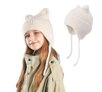 AYPOW Kids Winter Warm Ear Flaps Knitted Beanie Hats, Cute Cat Ear Soft Windproof Elastic Headwear, Skin-Friendly Outdoor Skull Cap for 3-12 Years Boys Girls Beige