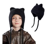 AYPOW Kids Winter Warm Ear Flaps Knitted Beanie Hats, Cute Cat Ear Soft Windproof Elastic Headwear, Skin-Friendly Outdoor Skull Cap for 3-12 Years Boys Girls Black