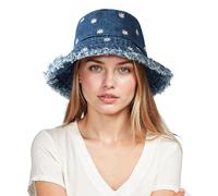 AYPOW Soft Washed Cotton Packable Bucket Hat Women, UPF50+ Embroidered Daisy Ladies Summer Sun Hats Lightweight Foldable Frayed Edge Fisherman Cap, Teen Girl Beach Denim Fishing Hat for Daily Travel