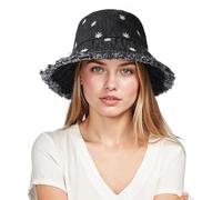 AYPOW Soft Washed Cotton Packable Bucket Hat Women, UPF50+ Embroidered Daisy Ladies Summer Sun Hats Lightweight Foldable Frayed Edge Fisherman Cap, Teen Girl Beach Denim Fishing Hat for Daily Travel