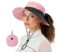 AYPOW Sun Hats for Women with Ponytail Hole UV Protection Wide Brim Foldable Summer Hat Breathable Mesh Safari Fishing Bucket Hat for Outdoor Hiking Beach Pink