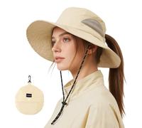AYPOW Sun Hats for Women with Ponytail Hole UV Protection Wide Brim Foldable Summer Hat Breathable Mesh Safari Fishing Bucket Hat for Outdoor Hiking Beach Beige