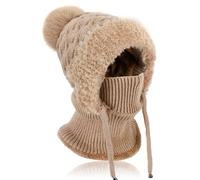 AYPOW Winter Hat Scarf Set for Women Knit Balaclava Ski Mask with Face Mask, Warm Fleece Lined Beanie Hat with Pom Pom Bouble Adjustable Drawstring Windproof Hooded Hat for Outdoor Sports Women Gift