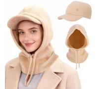 AYPOW Winter Slouchy Knitted Hat for Women, 3-in-1 Multifunctional Warm Windproof Adjustable Snood Hooded Scarf Hat, Fashion Balaclava Visor Baseball Caps With Neck Warmer for Ladies Outdoor Daily