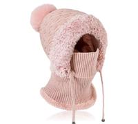 AYPOW Winter Warm Hat with Neck Warmer for Women, Windproof Knit Beanie Hat With Bobble Pom Pom Soft Thermal Fleece Lining, Slouch Woolly Hats Balaclava Face Mask Snood Hood Scarf for Outdoor Sport