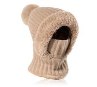 AYPOW Winter Warm Knitted Cap & Neck Warmer Sets for Women, Windproof Flexible Soft Thick Fleece Lined Face Mask Beanie Hat with Hairball, Outdoor Sports Balaclava Ski Mask, Winter Gift Khaki