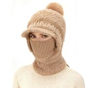 AYPOW Winter Warm Knitted Cap & Neck Warmer Sets for Women, Windproof Flexible Soft Thick Fur Fleece Lined Face Mask Beanie Hat with Hairball, Outdoor Sports Balaclava Ski Mask, Winter Gift Khaki