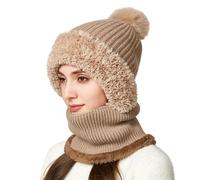 AYPOW Winter Warm Knitted Cap with Neck Warmer for Women, Windproof Flexible Soft Thick Fleece Lined Face Mask Beanie Hat with Hairball, Outdoor Balaclava Ski Mask Snood Hood Hat, Winter Gift Khaki