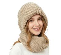AYPOW Women Winter Knitted Hat Scarf Set 2 in 1, Windproof Warm Beanie Cap Thick Fleece Lined Thermal Integrated Ear Protection Hooded Scarf Ladies Balaclava Snood Hats Outdoor Activities