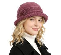 AYPOW Women Winter Warm Wool Hat, Double Layer Thicken Floral Fedora Cap, Classic Roll Brim Foldable Knitted Bowler Hat Cap, Ladies Mom Daily Wear Rose Red