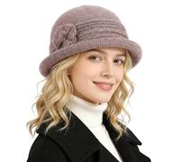 AYPOW Women Winter Warm Wool Hat, Double Layer Thicken Floral Fedora Cap, Classic Roll Brim Foldable Knitted Bowler Hat Cap, Ladies Mom Daily Wear Khaki