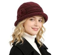 AYPOW Women Winter Warm Wool Hat, Double Layer Thicken Floral Fedora Cap, Classic Roll Brim Foldable Knitted Bowler Hat Cap, Ladies Mom Daily Wear Wine Red