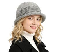 AYPOW Women Winter Warm Wool Hat, Double Layer Thicken Floral Fedora Cap, Classic Roll Brim Foldable Knitted Bowler Hat Cap, Ladies Mom Daily Wear Light Gray