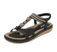 Ayqyc Womens Flat Sandals with Arch Support Casual Summer Bohemia Ladies Diamante Rhinestones Slingback Sandal Flat Open Toe Shoes for Vacation Beach Black 5.5 UK