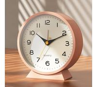 AYRELY 4.5" Analogue Alarm Clock, Small Retro Metal Desk Clock, Battery Operated, Silent and Non-Ticking, with Night Light for Bedside, Bedroom, and Living Room Decor(Light Pink)